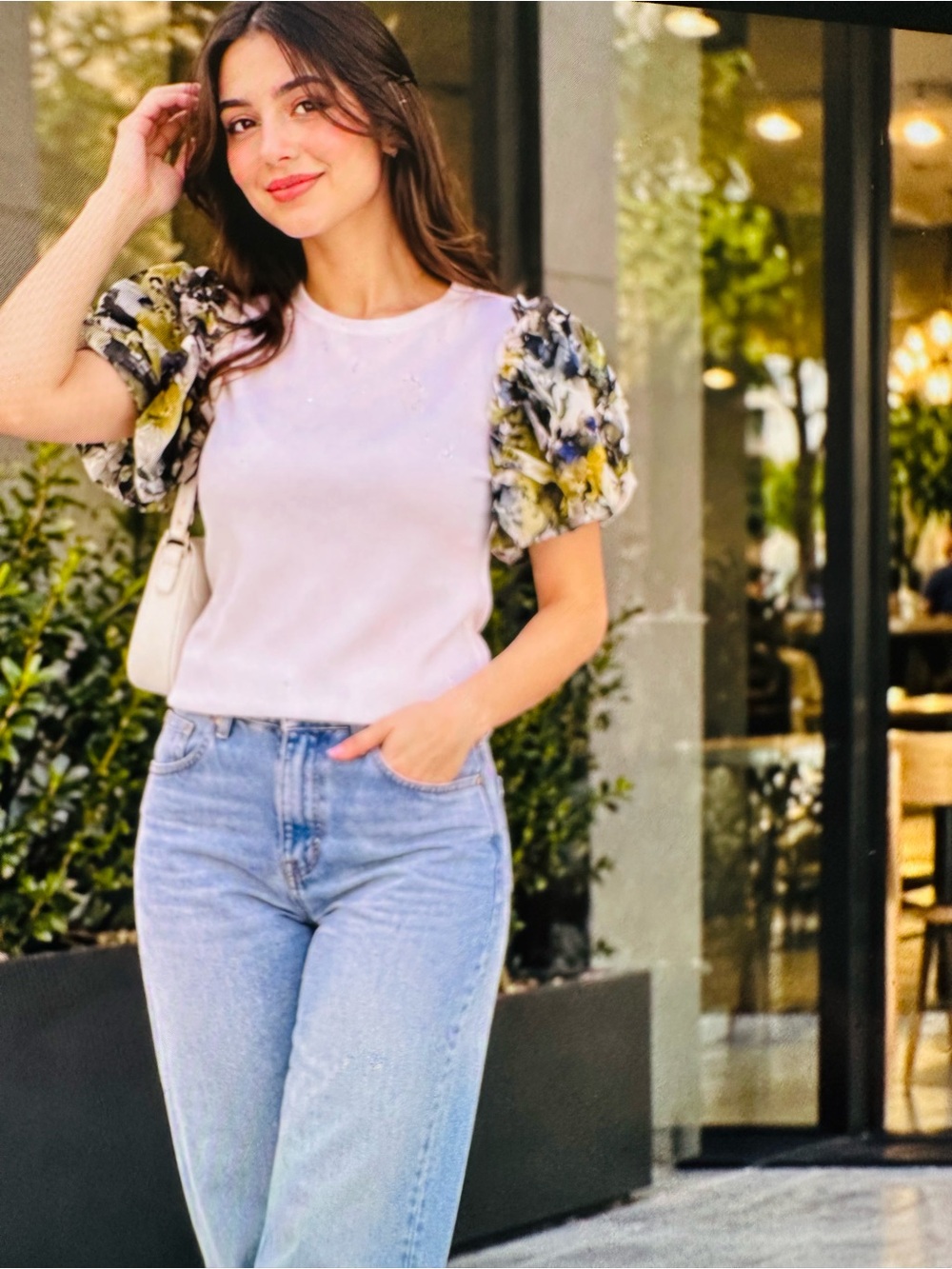 Puff-Sleeve Short Sleeve Tee in White with Floral Sleeves